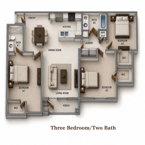 Floor plan for 3 beds, 2 baths, 1272 sqft
